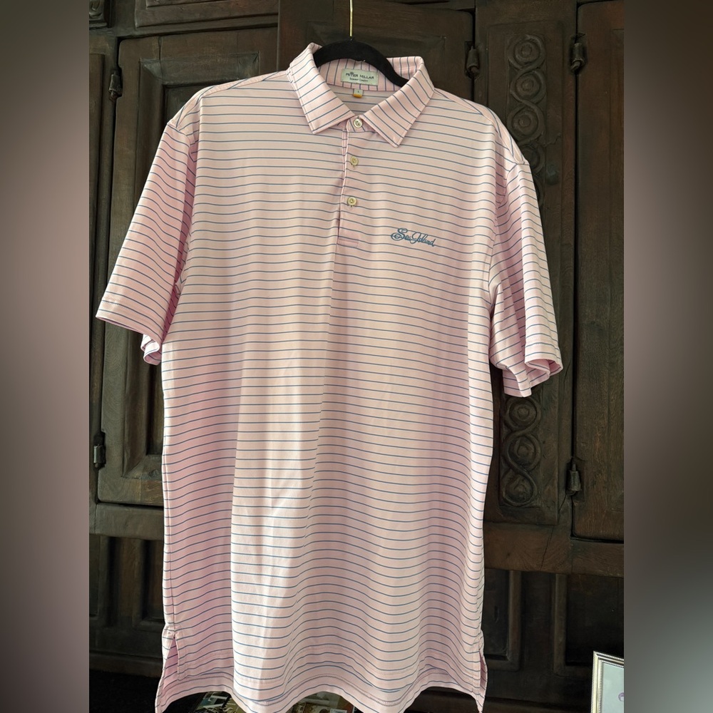 Peter Millar Summer Comfort Sea Island Polo. Pink/Blue Pin Stripes. Large.